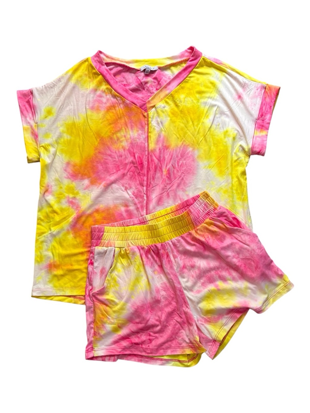 white birch Loungewear Pink & Yellow TieDye Buttery Soft Short Sleeve Pajama Set